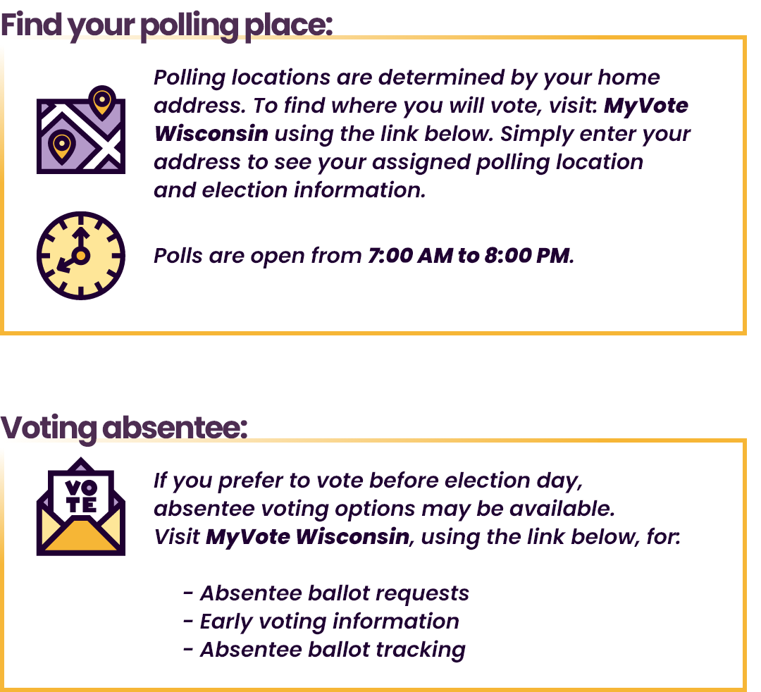 Find your polling place: Polling locations are determined by your home address. Polls are open from 7AM to 8PM. Voting absentee: If you prefer to vote before election day, absentee voting options may be available.